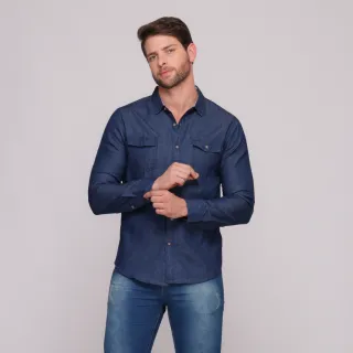Manga Longa Masculina Camisa Jeans - Lavagem escura