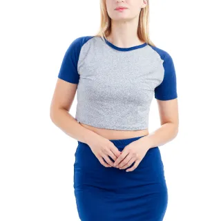 Moda Feminina Camiseta Raglan Cropeed Duas Cores - CINZA MESCLA / AZUL MARINHO