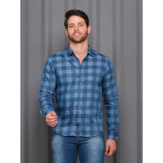 Camisa Importada Manga Longa Xadrez Jeans Masculina - Lavagem escura