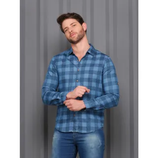 Camisa Importada Manga Longa Xadrez Jeans Masculina - Lavagem escura