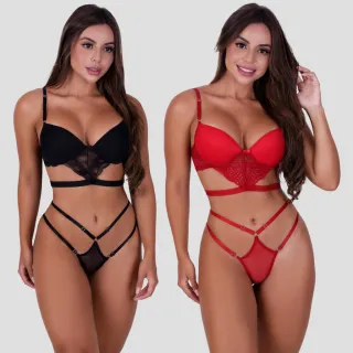 Lingerie Sensual Conjunto Kit 2 - Bojo Strapy Regulável Tule e Renda - Branco/Verm