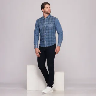 Camisa Manga Longa Xadrez Jeans Importada com Bolso Masculina - Lavagem Media