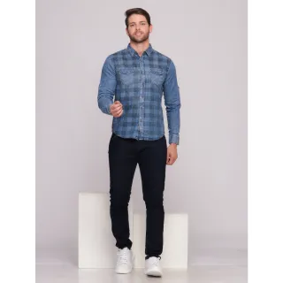 Camisa Manga Longa Xadrez Jeans Importada com Bolso Masculina - Lavagem Media