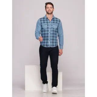 Camisa Manga Longa Xadrez Jeans Importada com Bolso Masculina - Lavagem Media