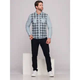 Camisa Manga Longa Xadrez Jeans Importada com Bolso Masculina - Lavagem Media
