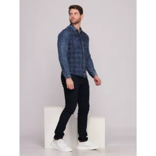 Camisa Manga Longa Xadrez Jeans Importada com Bolso Masculina - Lavagem Media