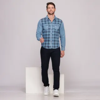 Camisa Manga Longa Xadrez Jeans Importada com Bolso Masculina - Lavagem Media