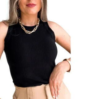 Promoção Blusa Feminina Regata Canelada Básica - Trabalho, Festas, Verão - Branco