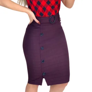 Elegante Saia Evangélica Social com Cinto e Botões - Vinho Xadrez