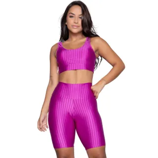 Bermuda Compressão New Zig 3D e Conjunto Top Fitness com Bojo Removível - Rosa Escuro