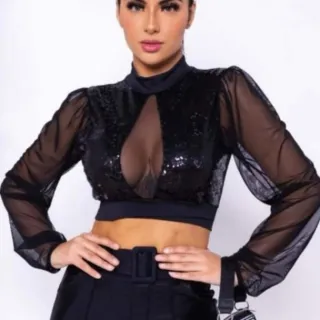 Manga longa em V, cropped top de tule com gola alta - Preto