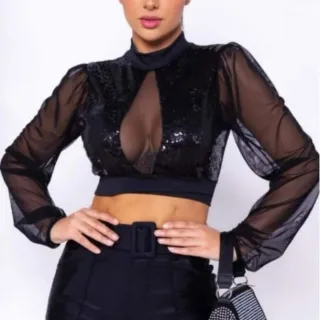 Manga longa em V, cropped top de tule com gola alta - Preto