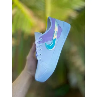 Casual Leve Holográfico Tênis Feminino Sapatênis Básico - branco/lilas