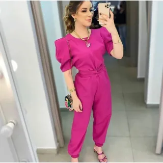 Promoção: Macacão Longo Feminino com Manga Bufante Princesa e Cinto - Fúcsia