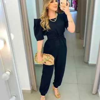 Promoção: Macacão Longo Feminino com Manga Bufante Princesa e Cinto - Fúcsia