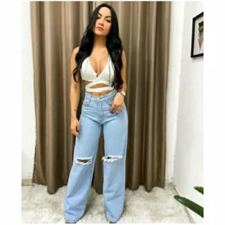 Calça pantalona feminina cintura alta wide leg em jeans 100% algodão - Wid preta rasgo no joelho