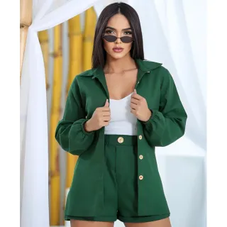 Moda Feminina: Conjunto de Blazer, Camisa e Short em Linho com Botões - - Pink