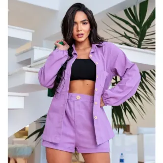 Moda Feminina: Conjunto de Blazer, Camisa e Short em Linho com Botões - - Pink