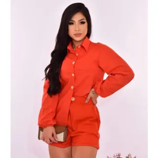 Moda Feminina: Conjunto de Blazer, Camisa e Short em Linho com Botões - - Pink