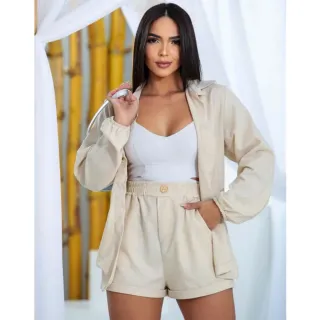 Moda Feminina: Conjunto de Blazer, Camisa e Short em Linho com Botões - - Pink