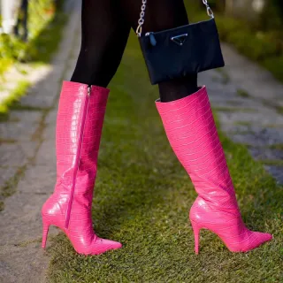 Cano longo feminino bota salto alto fino - CROCO DOURADA SALTO FINO