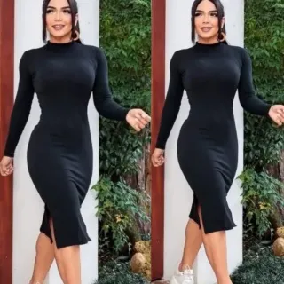 Fendas Laterais Manga Comprida Vestido Midi - Verde Militar