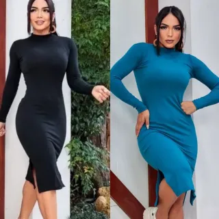 Fendas Laterais Manga Comprida Vestido Midi - Verde Militar