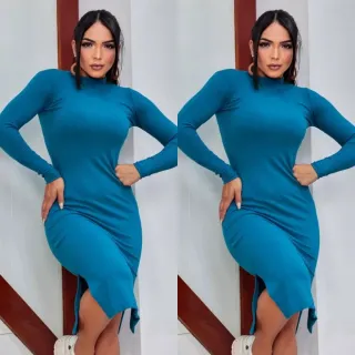 Fendas Laterais Manga Comprida Vestido Midi - Verde Militar