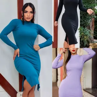 Fendas Laterais Manga Comprida Vestido Midi - Verde Militar