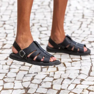 Chinelo Masculino em Couro Ortopédico Anti Stress Leve Confortável - Sandália Franciscana - Preto