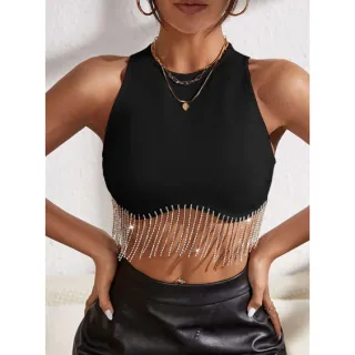 Regata Cropped com Franja em Strass - Modelo Nadador Tendência Blogueira - Preto
