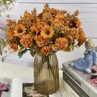 Decoração de Bolo Flores Artificiais DIY Peça Crisântemo Seda Plástico - Bege kit com 4