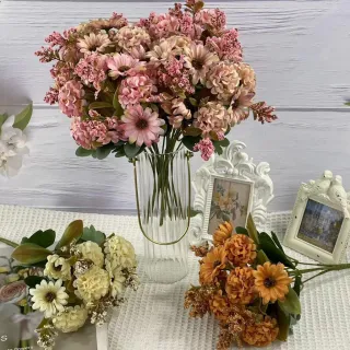 Decoração de Bolo Flores Artificiais DIY Peça Crisântemo Seda Plástico - Bege kit com 4