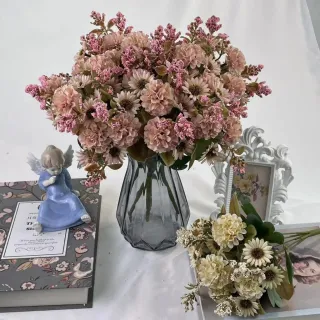 Decoração de Bolo Flores Artificiais DIY Peça Crisântemo Seda Plástico - Bege kit com 4