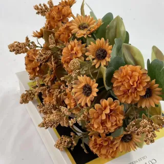 Decoração de Bolo Flores Artificiais DIY Peça Crisântemo Seda Plástico - Bege kit com 4