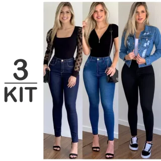 Calça Jeans Feminina Levanta Bumbum Cintura Alta - Kit com 3 unidades - Preta Rasgada, Padrão e Preta