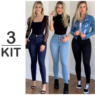 Calça Jeans Feminina Levanta Bumbum Cintura Alta - Kit com 3 unidades - Preta Rasgada, Padrão e Preta