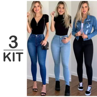 Calça Jeans Feminina Levanta Bumbum Cintura Alta - Kit com 3 unidades - Preta Rasgada, Padrão e Preta