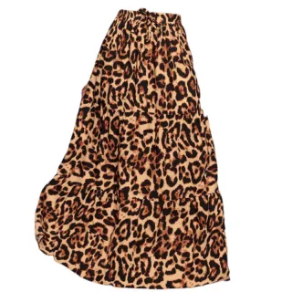 Viscose Babado Animal Print Saia Longa Estampada Onça - Pink