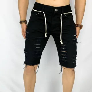 Bermuda Jeans Masculina Rasgada Moda Cordão - Branco