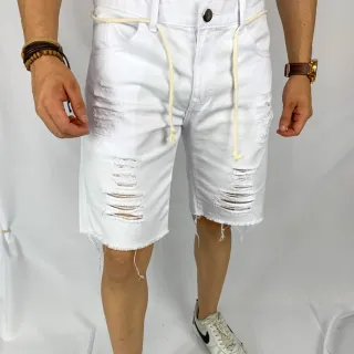 Bermuda Jeans Masculina Rasgada Moda Cordão - Branco