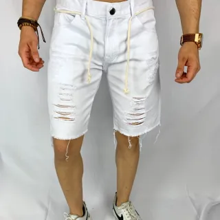 Bermuda Jeans Masculina Rasgada Moda Cordão - Branco