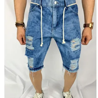 Bermuda Jeans Masculina Rasgada Moda Cordão - Branco