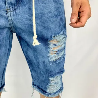 Bermuda Jeans Masculina Rasgada Moda Cordão - Branco