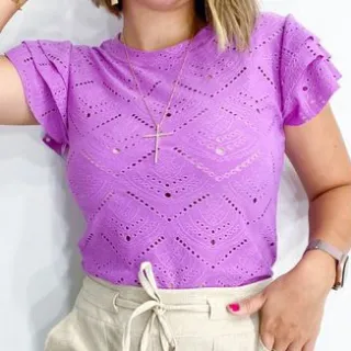 Blusa manga curta feminina babado laise gola rasa - P