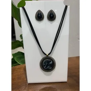 Moda Afro Feminino - Conjunto Triplo Colar Couro e Brincos Vintage Etnico - Mod 4