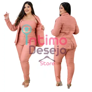 Plus Size Conjunto Cropped Blazer Saia e Short - Vinho