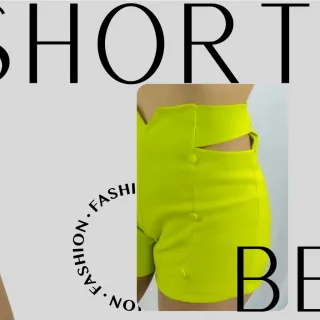 Tendência moda feminina - Short bengaline estilo puro com corte lateral & botões revestidos - Verde Bandeira