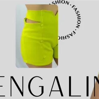 Tendência moda feminina - Short bengaline estilo puro com corte lateral & botões revestidos - Verde Bandeira