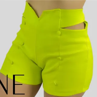 Tendência moda feminina - Short bengaline estilo puro com corte lateral & botões revestidos - Verde Bandeira